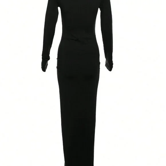 Black Elegant Women's Sexy Cinched Waist Long Dress - Picture 4 of 4